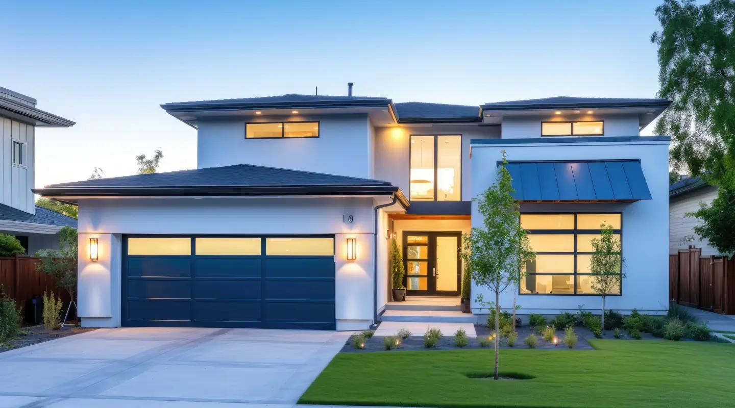 Modern townhouses with wooden and white facades, panoramic windows, and a landscaped walkway.